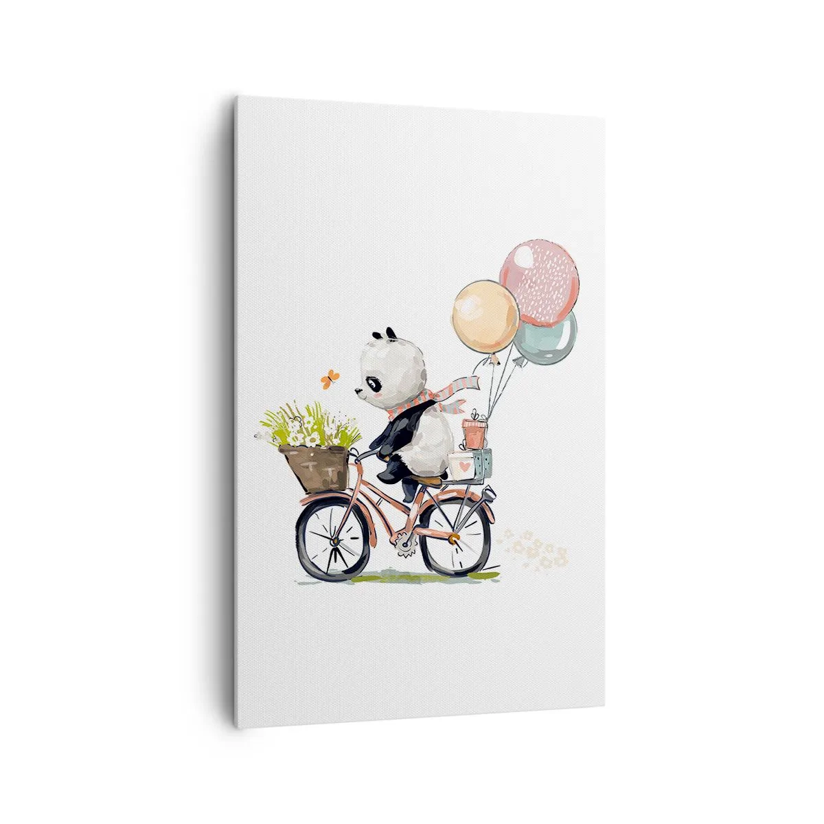 Bild auf Leinwand - Leinwandbild - Panda auf einem Fahrrad mit Luftballons und Blumen - 80x120cm - Glücklicher Tag - Moderne Wanddekoration für Wohnzimmer und Schlafzimmer ARTTOR