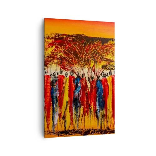 Bild auf Leinwand - Leinwandbild - Eine farbenfrohe Szene mit afrikanischen Figuren vor dem Hintergrund der untergehenden Sonne. - 80x120cm - Dort, dort, dort gehen sie - Moderne Wanddekoration für Wohnzimmer und Schlafzimmer ARTTOR