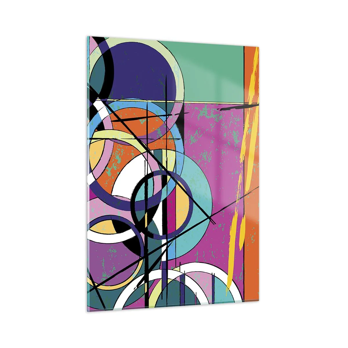 Glasbild - Bild auf glas - Bunte Abstraktion mit geometrischen Formen und Kreisen - 50x70cm - Rad für Rad - Moderne Wanddekoration für Wohnzimmer und Schlafzimmer ARTTOR