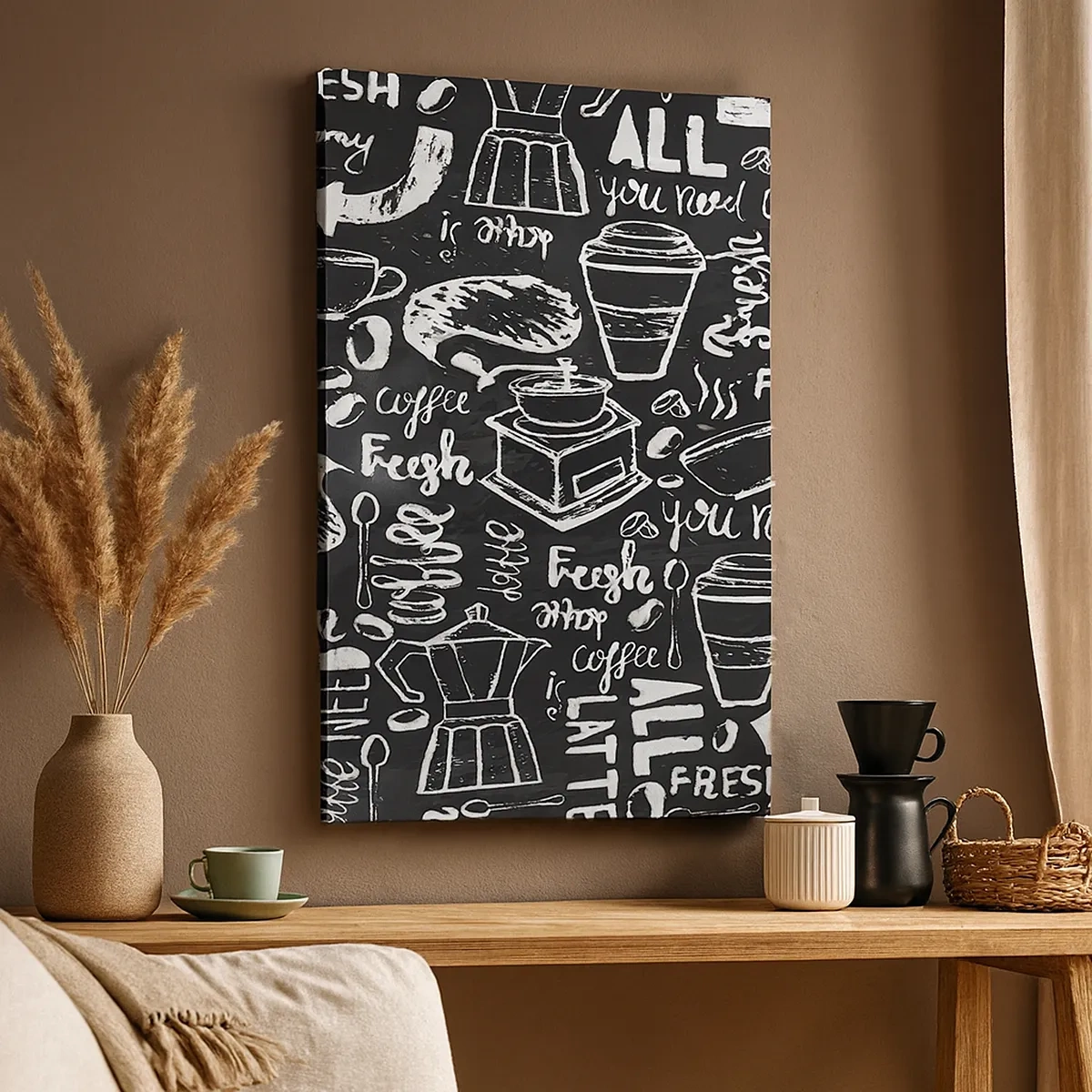 Bild auf Leinwand - Leinwandbild - Stilvolle Kaffeegrafik auf schwarzem Hintergrund - 50x70cm - Alles was Sie brauchen ist… - Moderne Wanddekoration für Wohnzimmer und Schlafzimmer ARTTOR