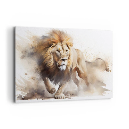 Bild auf Leinwand - Leinwandbild - Ein dynamisches Porträt eines Löwen in natürlichen Farben. - 120x80cm - Der König zog um - Moderne Wanddekoration für Wohnzimmer und Schlafzimmer ARTTOR