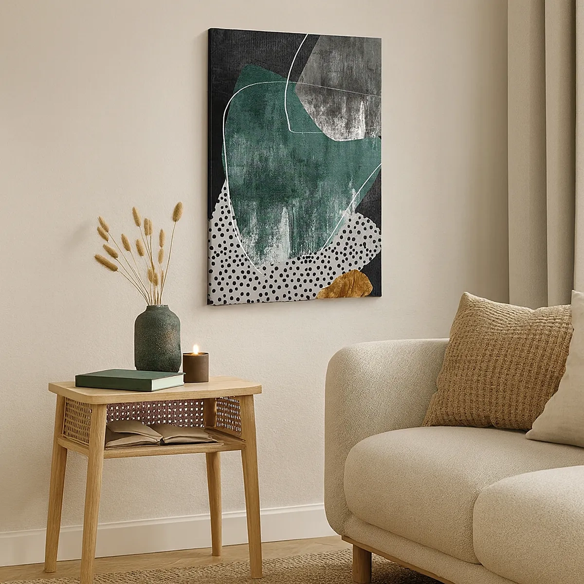 Bild auf Leinwand - Leinwandbild - Abstrakte Komposition mit grünen Formen und Punktmustern - 50x70cm - Bunte Abstraktion mit Blattgold - Moderne Wanddekoration für Wohnzimmer und Schlafzimmer ARTTOR