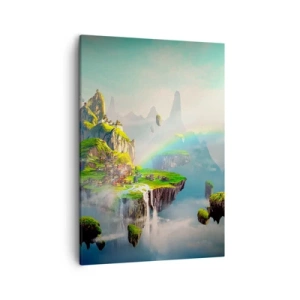 Bild auf Leinwand - Leinwandbild - Fliegende Inseln zwischen den Wolken mit einem Regenbogen am Horizont - 50x70cm - Mitten am Himmel - glückliche Inseln - Moderne Wanddekoration für Wohnzimmer und Schlafzimmer ARTTOR