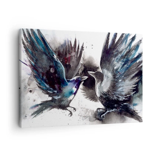 Bild auf Leinwand - Leinwandbild - Künstlerische Raben in einer dynamischen Aquarellkomposition - 70x50cm - Rabe zum Raben ... - Moderne Wanddekoration für Wohnzimmer und Schlafzimmer ARTTOR