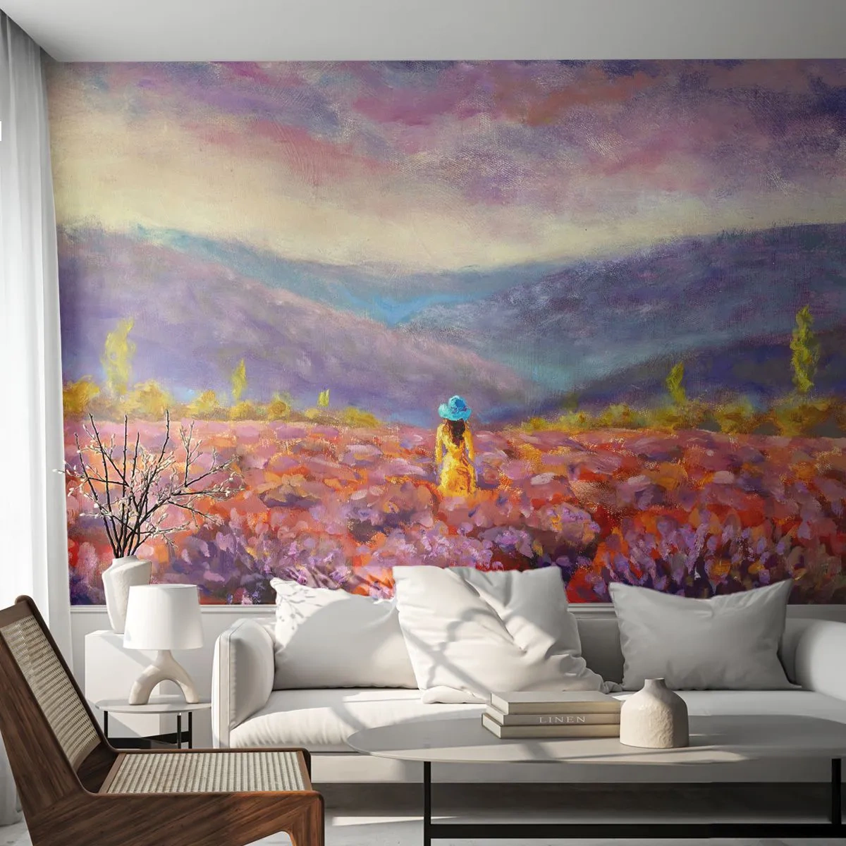 Fototapete Premium Canvas - In einer Lavendelwelt - Landschaft, Frau, Lavendelfeld - 200x140 cm