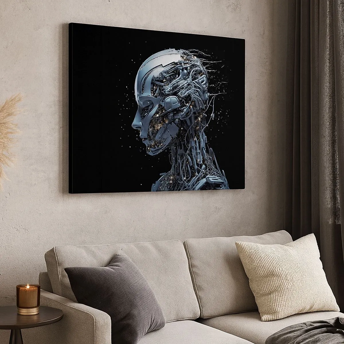Bild auf Leinwand - Leinwandbild - Futuristisches Porträt eines Cyborgs im Industriestil auf schwarzem Hintergrund. - 70x50cm - Technologie ist eine Frau - Moderne Wanddekoration für Wohnzimmer und Schlafzimmer ARTTOR