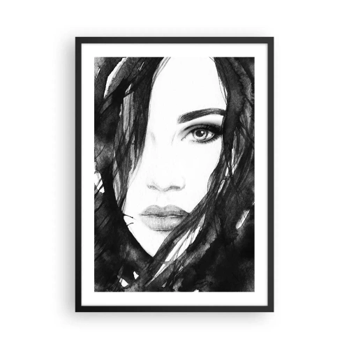 Poster in einem schwarzem Rahmen - Schwarz-weißes Aquarell eines Frauengesichts - 50x70cm - Porträt einer Dame in Schwarzweiß - Moderne Wanddekoration für Wohnzimmer und Schlafzimmer ARTTOR