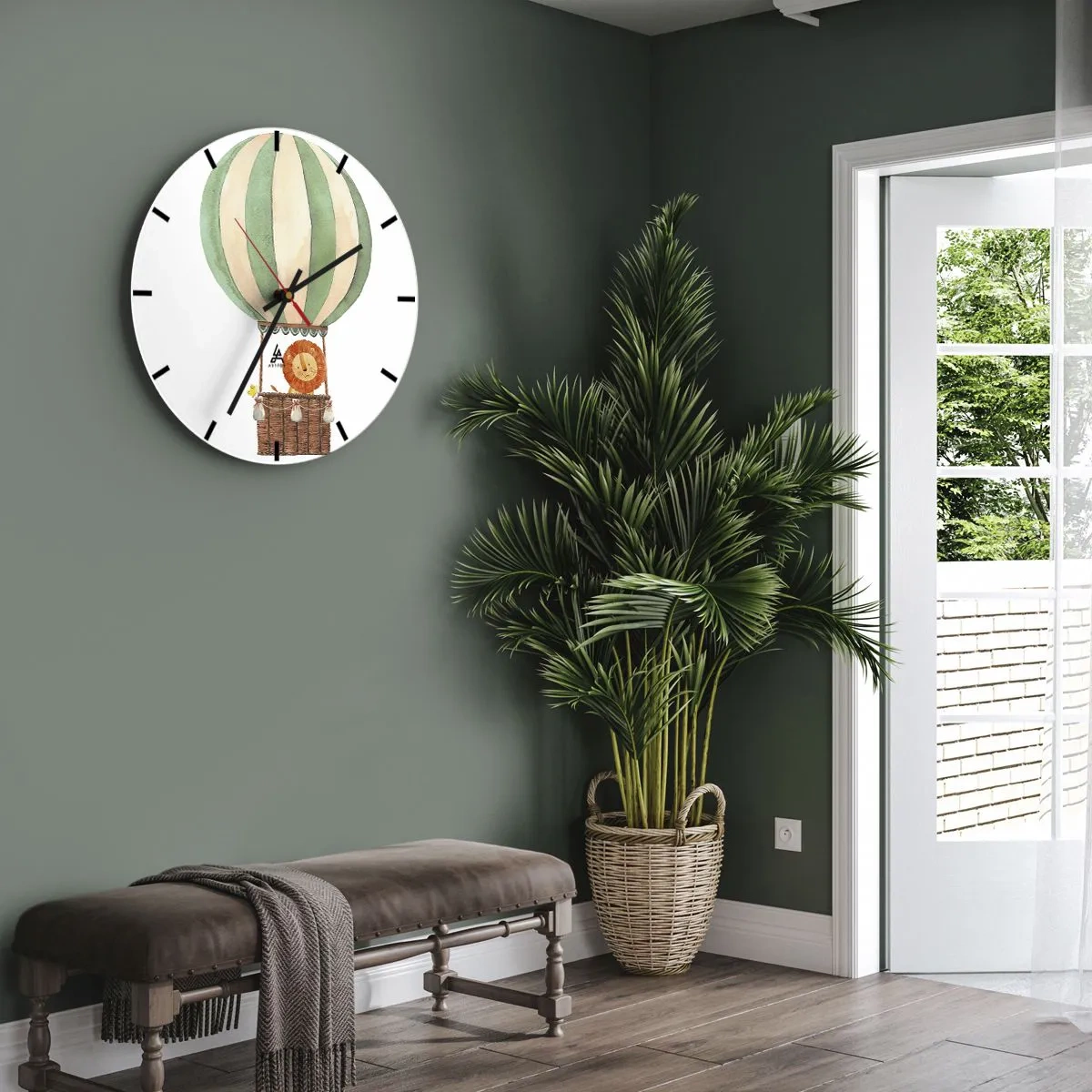 Wanduhr - Glasuhr - Ein Löwe und eine Ente in einem Ballon auf weißem Hintergrund - 30x30cm - Leons Reisen - Moderne Wanddekoration für Wohnzimmer, Küche und Schlafzimmer ARTTOR