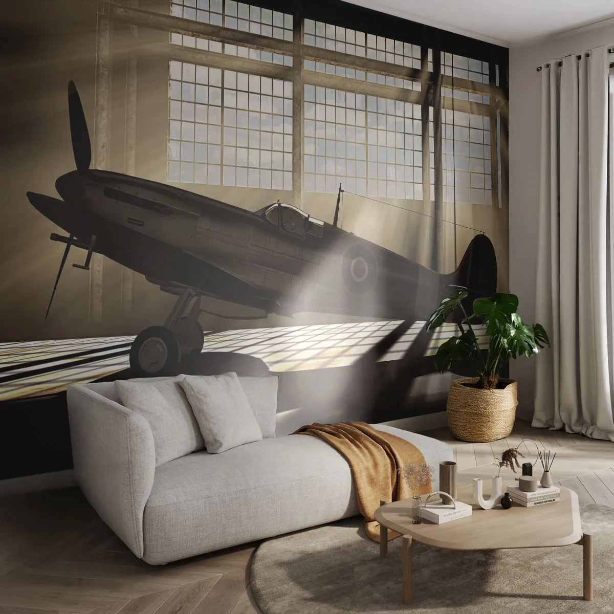 Fototapete Premium Sand - Ein Oldtimer-Flugzeug in einem Hangar im Rampenlicht - 100x70cm - Die Ruhe eines Kriegers - Moderne Wanddekoration für Wohnzimmer und Schlafzimmer ARTTOR