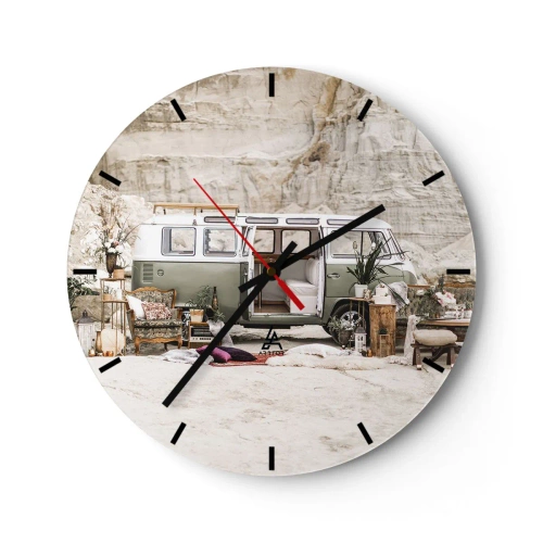 Wanduhr - Glasuhr - Ein Wohnmobil mit dekorativen Elementen vor einem natürlichen Landschaftshintergrund - 30x30cm - Es ist die Zeit, die Reise zu beginnen - Moderne Wanddekoration für Wohnzimmer, Küche und Schlafzimmer ARTTOR