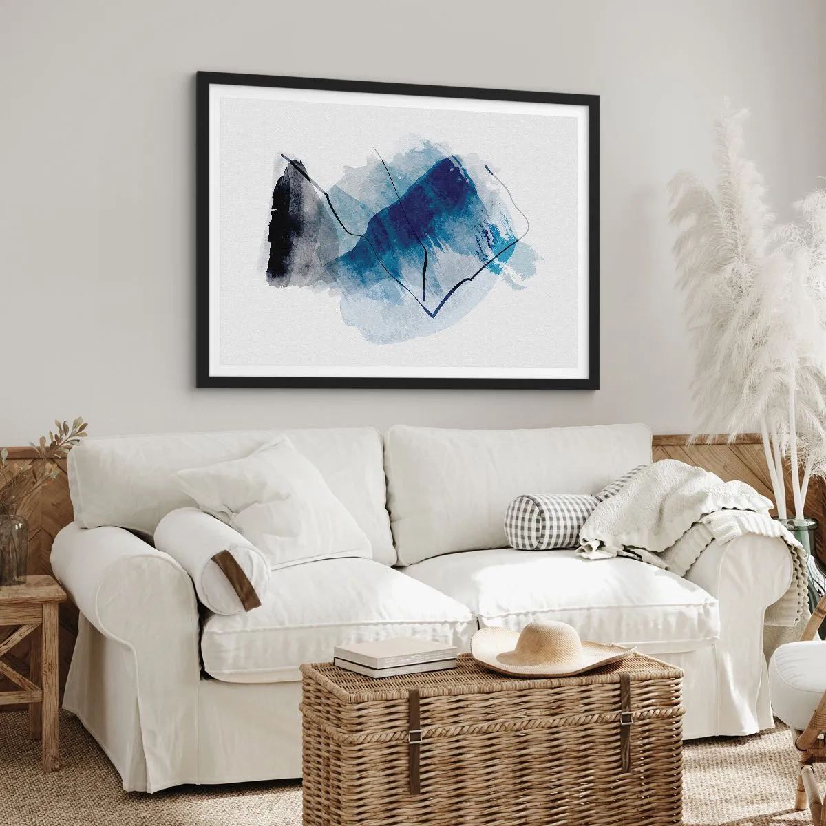 Poster in einem schwarzem Rahmen - Abstrakte Formen in Blautönen mit zarten Linien - 100x70cm - Eisberg - Moderne Wanddekoration für Wohnzimmer und Schlafzimmer ARTTOR