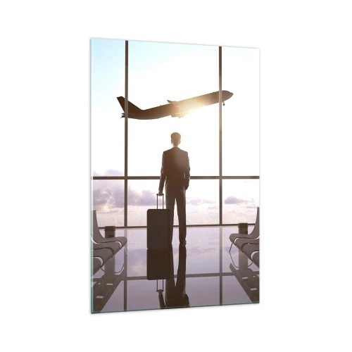 Glasbild - Bild auf glas - Geschäftsmann am Flughafen mit einem Flugzeug im Hintergrund - 70x100cm - Du hast Zeit, lass dir Zeit - Moderne Wanddekoration für Wohnzimmer und Schlafzimmer ARTTOR