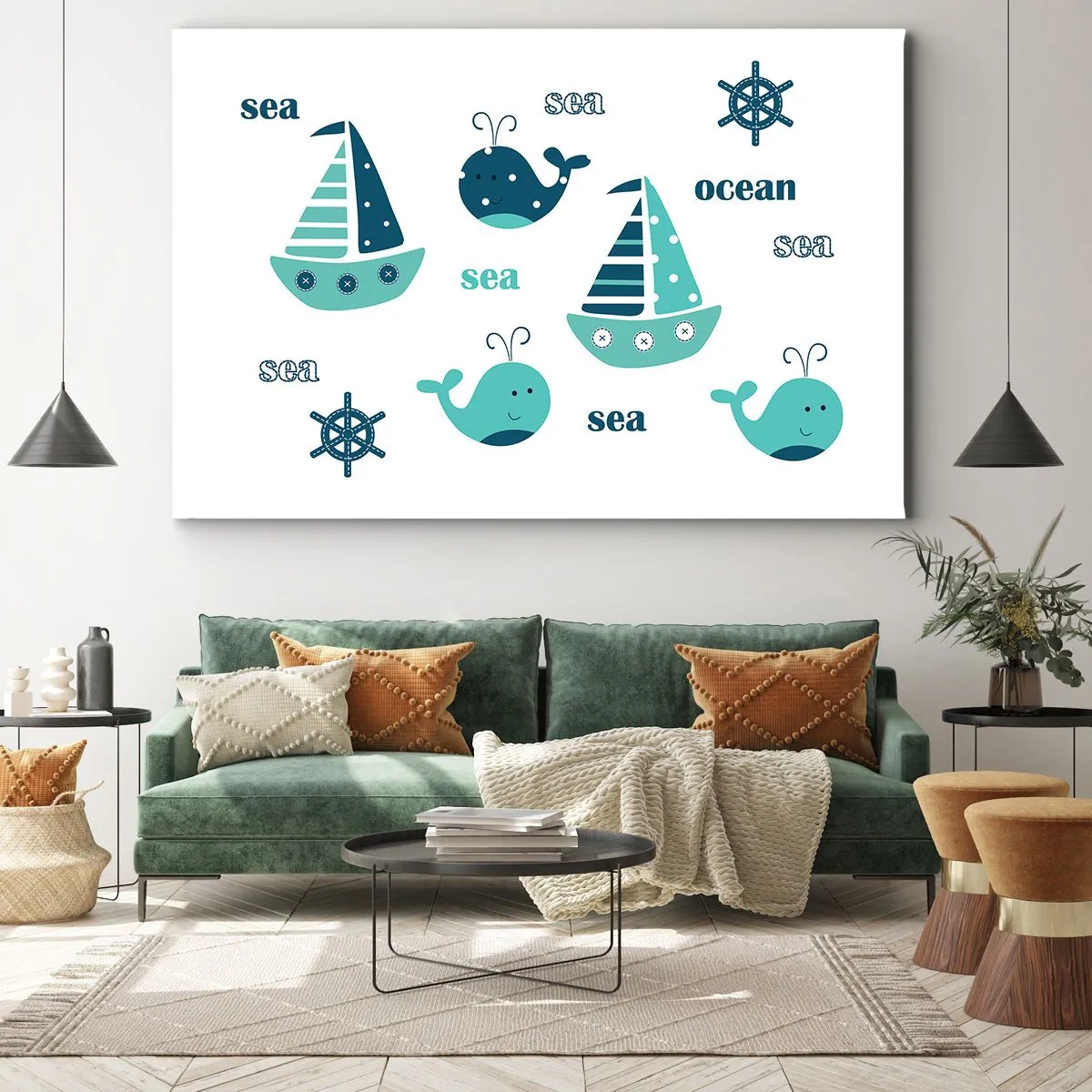 Bild auf Leinwand - Leinwandbild - Bezaubernde nautische Motive mit Walen und Segelbooten - 70x50cm - Über die Meere und Ozeane - Moderne Wanddekoration für Wohnzimmer und Schlafzimmer ARTTOR