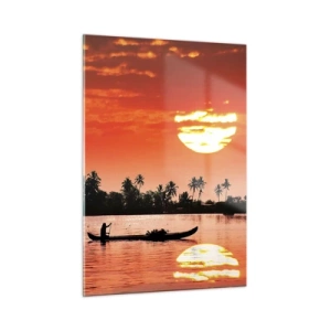 Glasbild - Bild auf glas - Sonnenuntergang über dem Fluss mit Palmen und einem Boot - 50x70cm - Die Ruhe der Tropen bei Sonnenuntergang - Moderne Wanddekoration für Wohnzimmer und Schlafzimmer ARTTOR