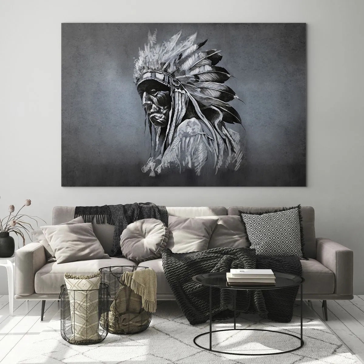 Glasbild - Bild auf glas - Porträt eines Mannes mit Federkopfschmuck vor dunkelgrauem Hintergrund - 70x50cm - Zurück zu den Wurzeln - Moderne Wanddekoration für Wohnzimmer und Schlafzimmer ARTTOR