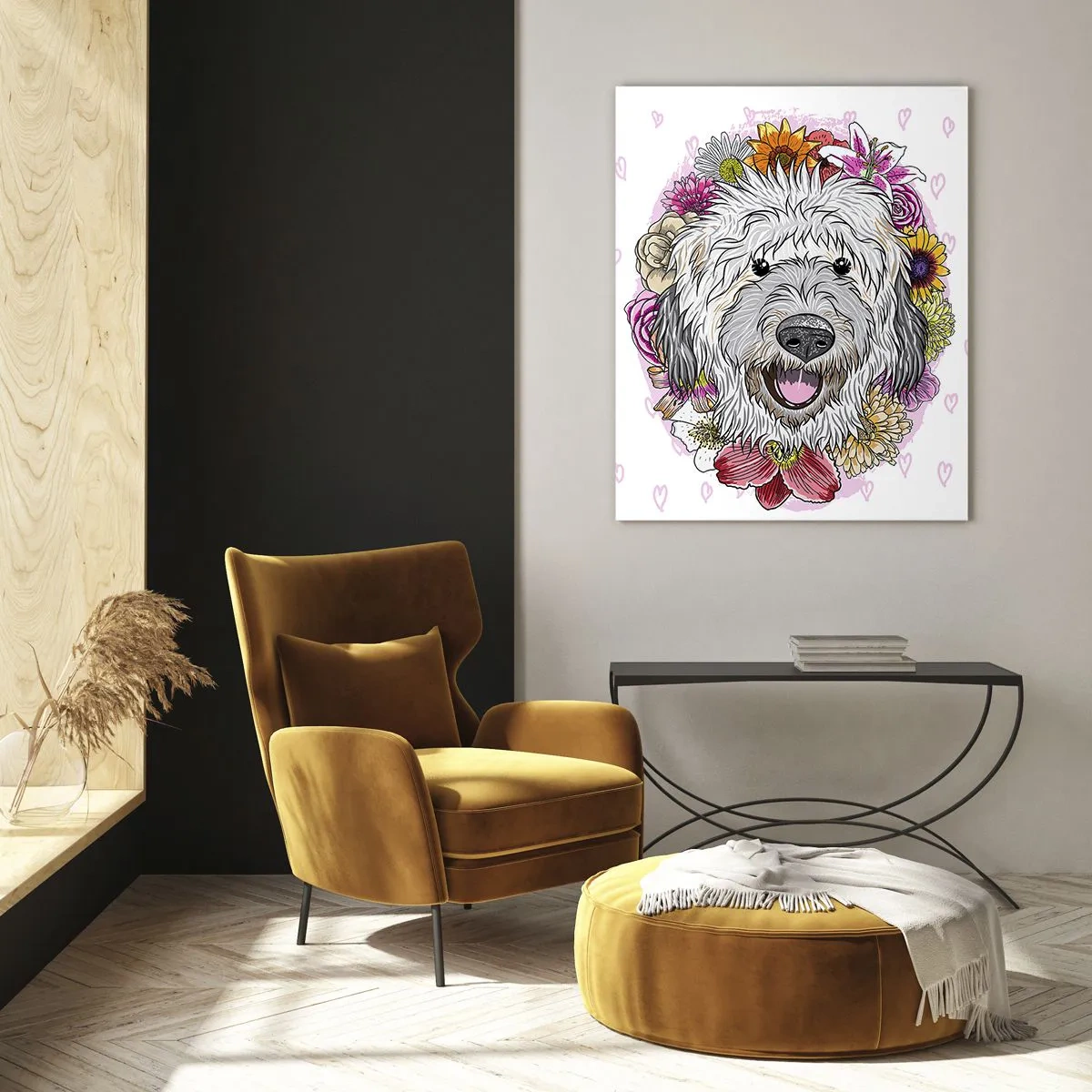 Glasbild - Bild auf glas - Ein Hund umgeben von bunten Blumen - 80x120cm - Welpenfreude - Moderne Wanddekoration für Wohnzimmer und Schlafzimmer ARTTOR