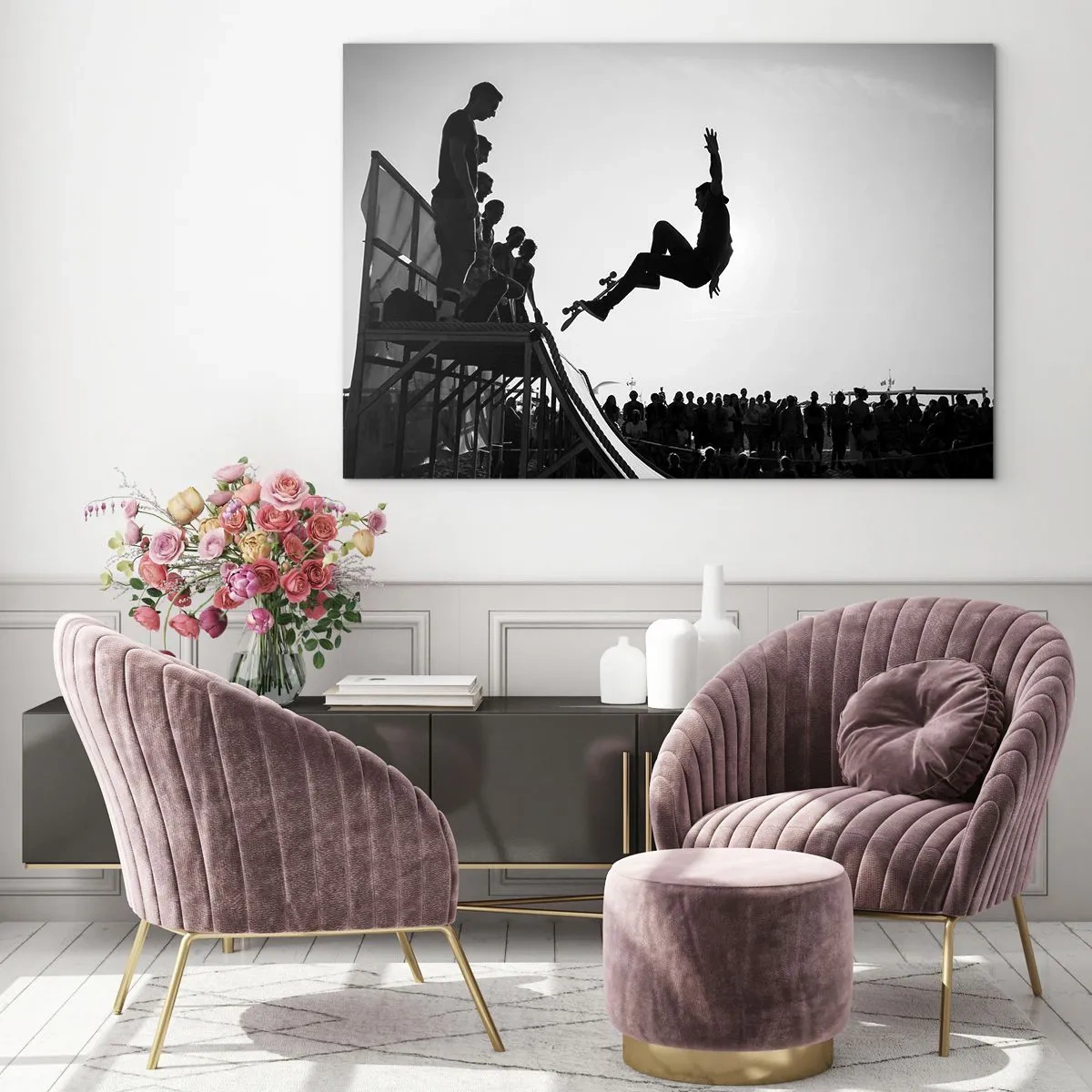 Glasbild - Bild auf glas - Schwarz-weißer Skater in der Luft - 70x50cm - Helden und Zuschauer - Moderne Wanddekoration für Wohnzimmer und Schlafzimmer ARTTOR