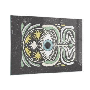 Glasbild - Bild auf glas - Grafisches Auge mit Stammesornamentik auf dunklem Hintergrund - 100x70cm - Stammesrituale - Moderne Wanddekoration für Wohnzimmer und Schlafzimmer ARTTOR