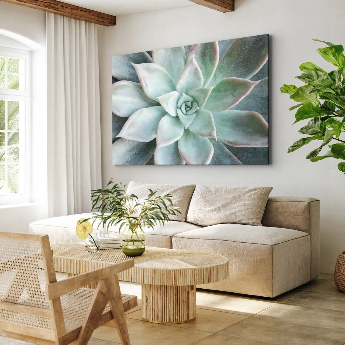 Bild auf Leinwand - Leinwandbild - Nahaufnahme einer grünen Sukkulente - 70x50cm - Das Herz der Wüste - Moderne Wanddekoration für Wohnzimmer und Schlafzimmer ARTTOR
