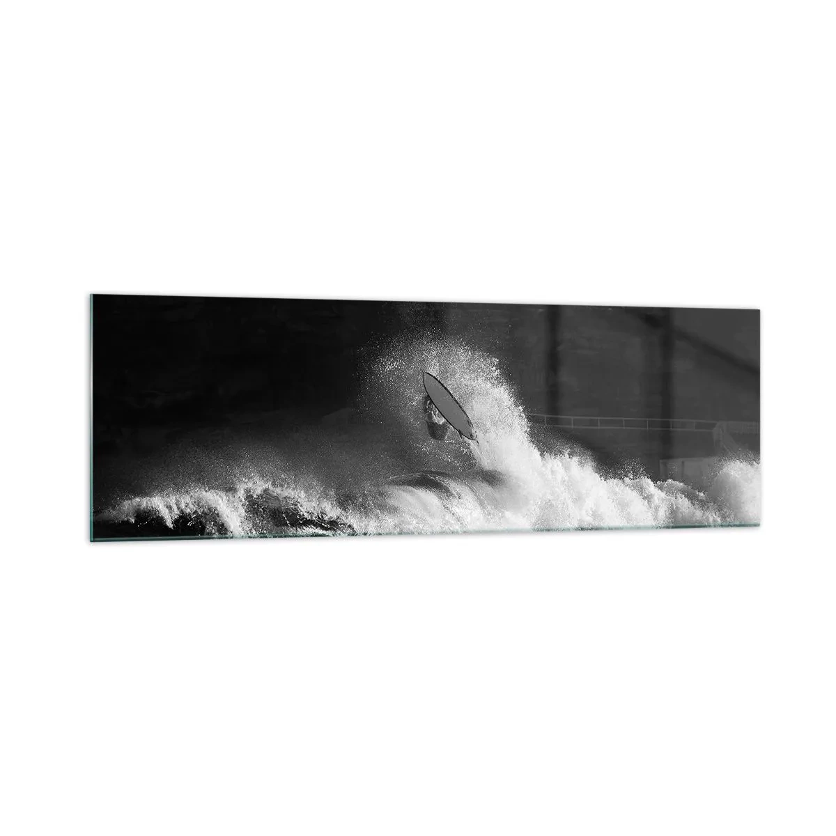 Glasbild - Bild auf glas - Ein Surfer, der eine Welle reitet, in Monochrom - 160x50cm - Herausforderung angenommen! - Moderne Wanddekoration für Wohnzimmer und Schlafzimmer ARTTOR