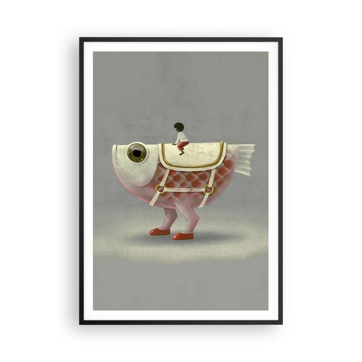 Poster in einem schwarzem Rahmen - Reiter auf einem surrealen Fisch - 70x100 cm