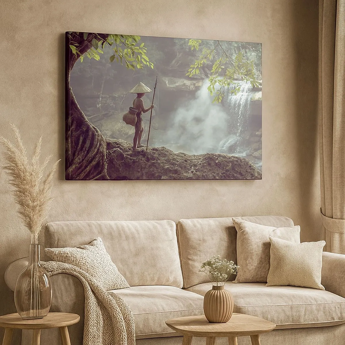 Bild auf Leinwand - Leinwandbild - Eine Figur mit einem Speer an einem Wasserfall in einem tropischen Wald - 70x50cm - Befreundet mit der Natur - Moderne Wanddekoration für Wohnzimmer und Schlafzimmer ARTTOR