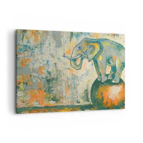 Bild auf Leinwand - Leinwandbild - Ein Elefant, der auf einem Ball balanciert, in einem künstlerischen Stil - 100x70cm - Es lebe der Zirkus! - Moderne Wanddekoration für Wohnzimmer und Schlafzimmer ARTTOR