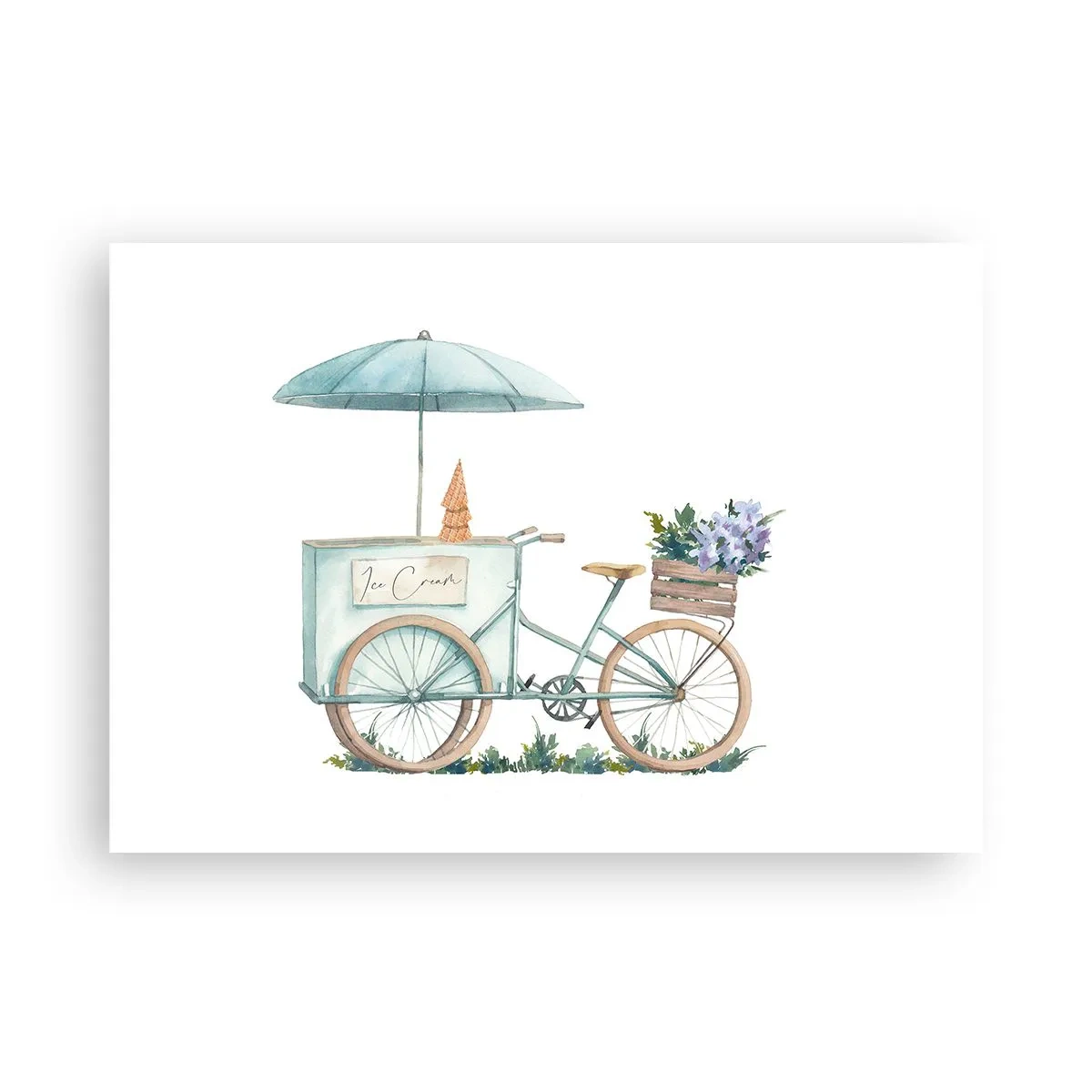 Poster - Ein Fahrrad mit Eis und Blumen unter einem Regenschirm in zarten Pastellfarben - 100x70cm - Süße Erinnerung an den Sommer - Moderne Wanddekoration für Wohnzimmer und Schlafzimmer ARTTOR