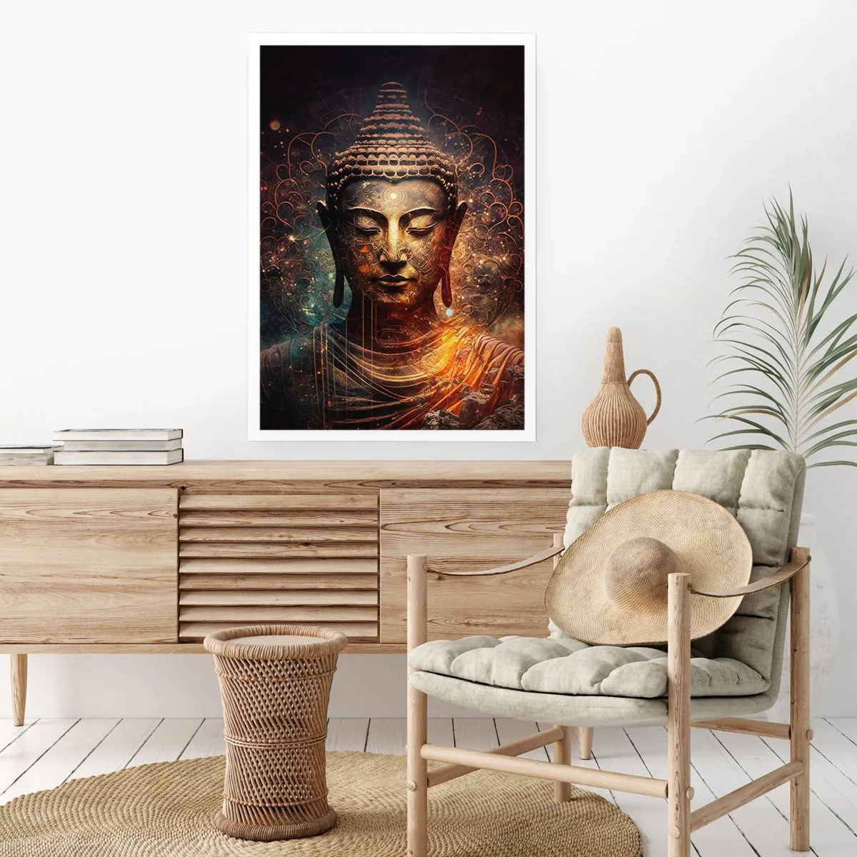 Poster - Mystisches Buddhabild in goldenen Farbtönen - 50x70cm - Spirituelles Gleichgewicht - Moderne Wanddekoration für Wohnzimmer und Schlafzimmer ARTTOR