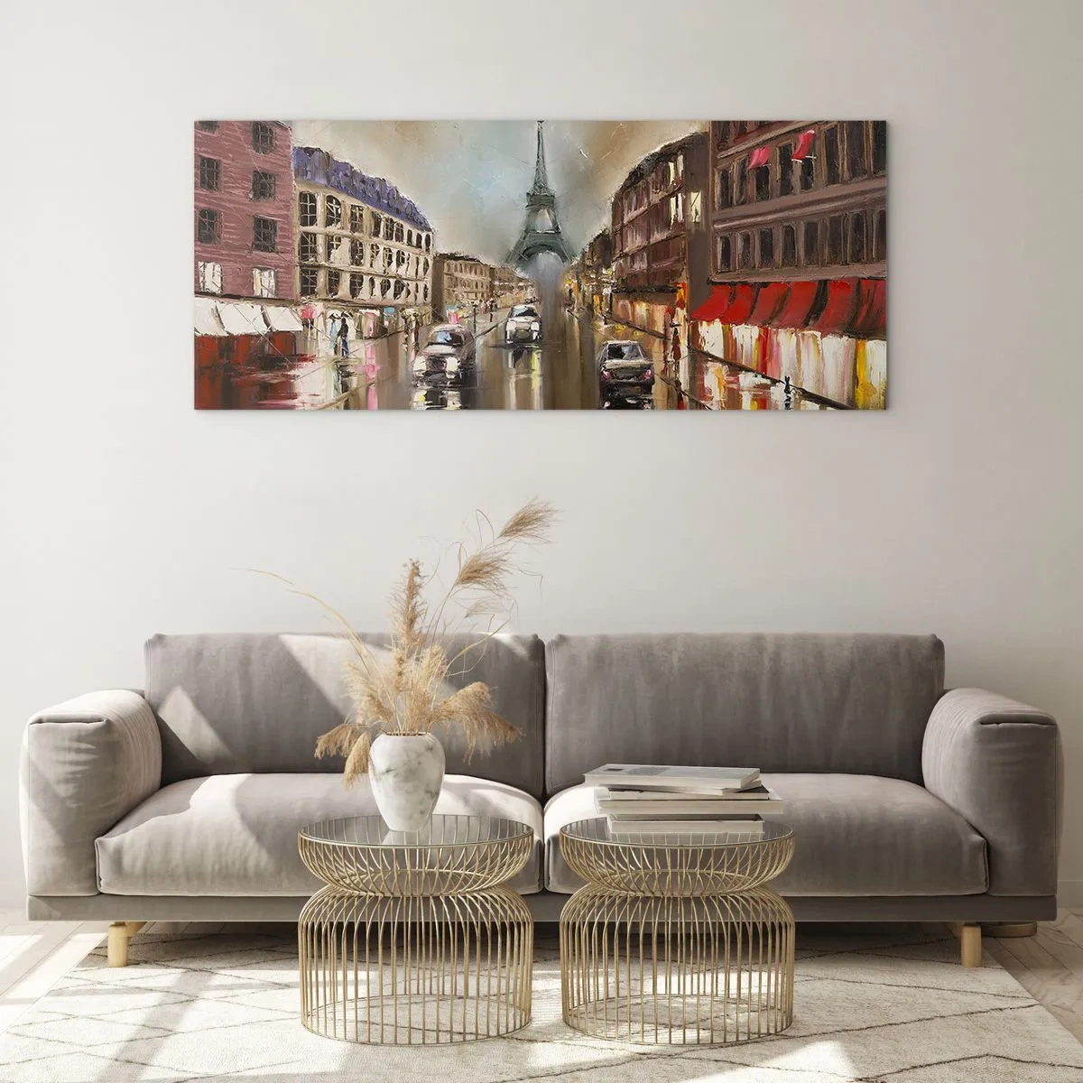 Glasbild - Bild auf glas - Abendliches Straßenbild von Paris mit Blick auf den Eiffelturm - 120x50cm - Nur sie zählt - Moderne Wanddekoration für Wohnzimmer und Schlafzimmer ARTTOR
