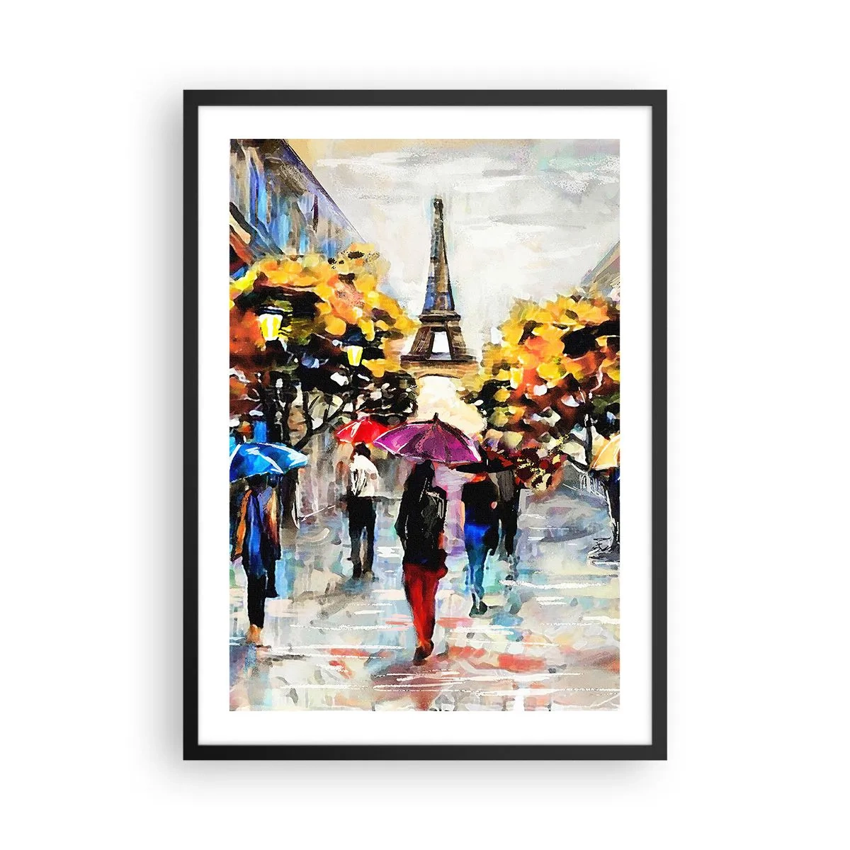 Poster in einem schwarzem Rahmen - Der Eiffelturm in einer Herbstlandschaft mit bunten Regenschirmen - 50x70cm - Besonders schön im Herbst - Moderne Wanddekoration für Wohnzimmer und Schlafzimmer ARTTOR