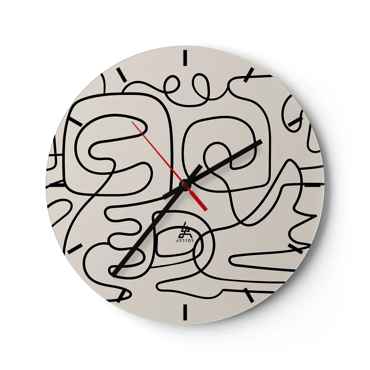 Wanduhr - Glasuhr - Abstrakte schwarze Linien auf hellem Hintergrund im modernen Stil - 30x30cm - Folge der Spur - Moderne Wanddekoration für Wohnzimmer, Küche und Schlafzimmer ARTTOR