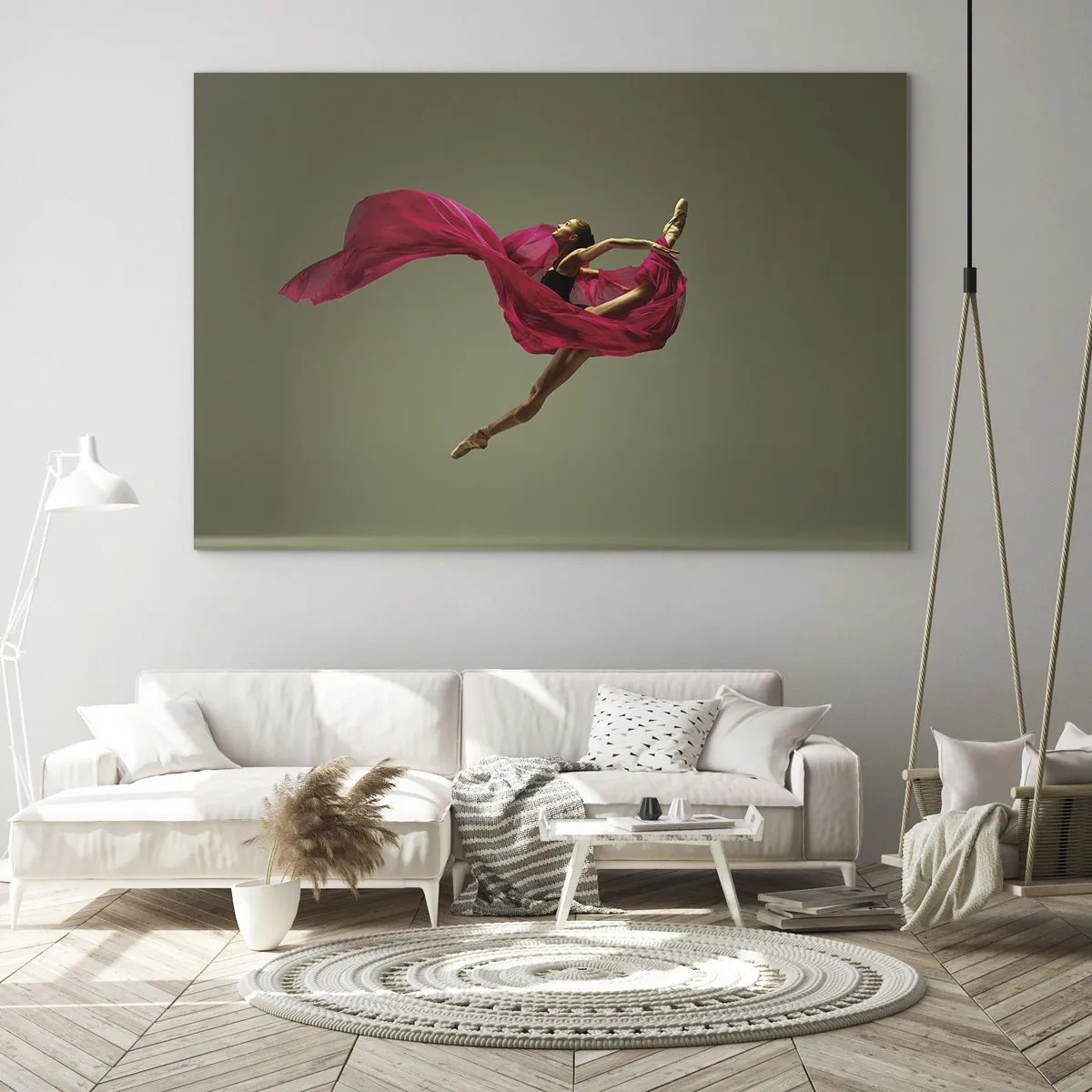 Glasbild - Bild auf glas - Eine Tänzerin im Flug mit einem fließenden fuchsiafarbenen Stoff - 70x50cm - Tanzende Flamme - Moderne Wanddekoration für Wohnzimmer und Schlafzimmer ARTTOR