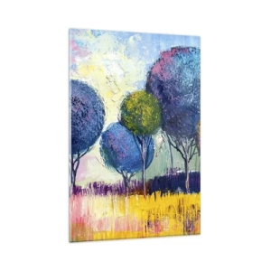 Glasbild - Bild auf glas - Bunte kugelförmige Bäume vor dem Hintergrund einer Landschaft - 80x120cm - Kugel - die Form des Ideals - Moderne Wanddekoration für Wohnzimmer und Schlafzimmer ARTTOR