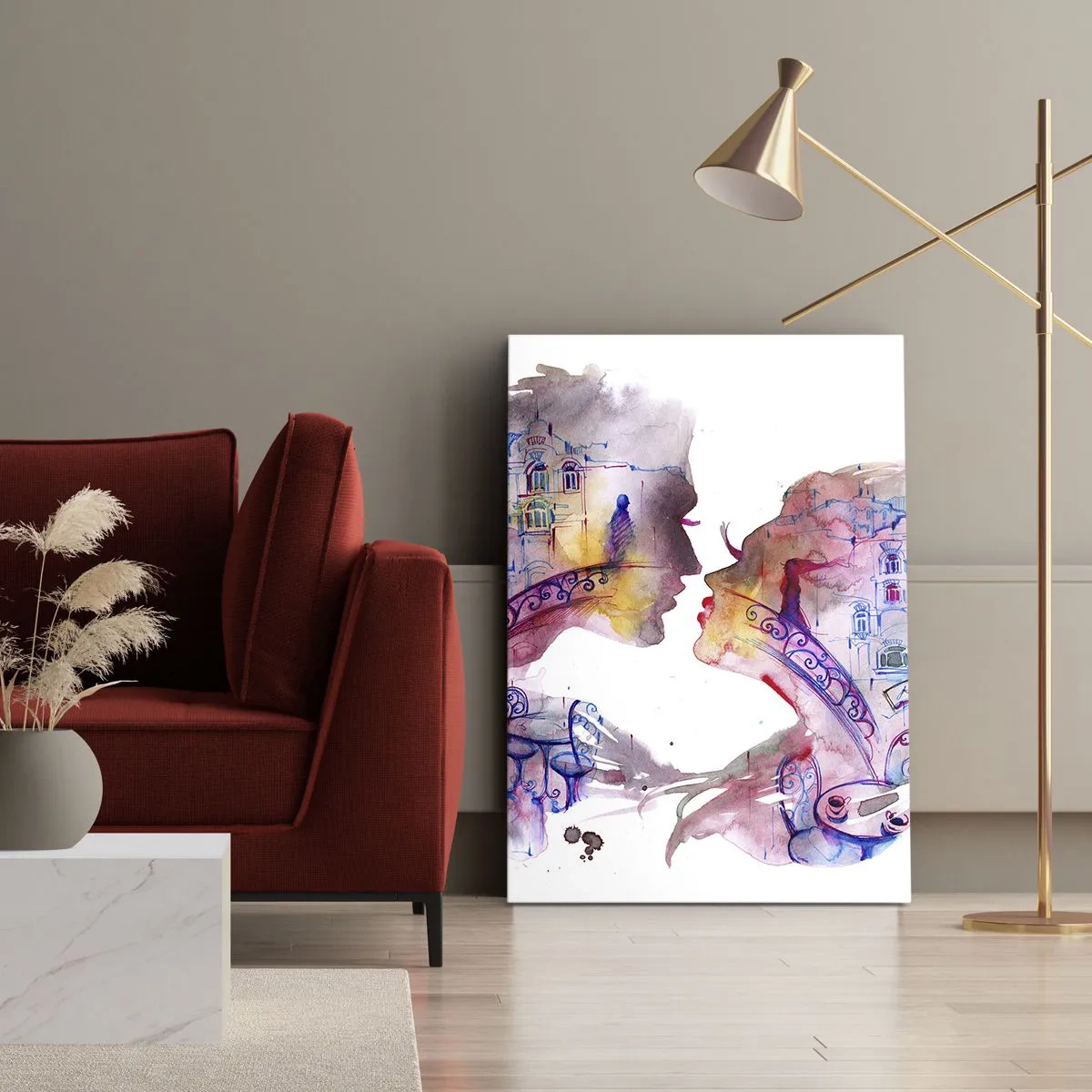 Bild auf Leinwand - Leinwandbild - Ein romantisches Aquarell, das die Silhouetten von Liebenden darstellt - 70x100cm - Die geheime Seufzerbrücke - Moderne Wanddekoration für Wohnzimmer und Schlafzimmer ARTTOR