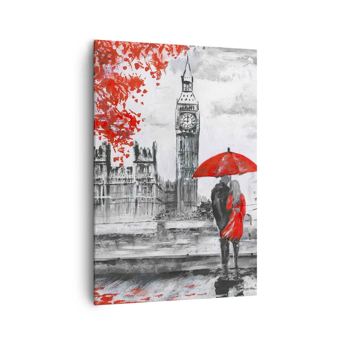 Bild auf Leinwand - Leinwandbild - Romantische Szene mit Big Ben und einem roten Regenschirm - 70x100cm - Verliebt in London - Moderne Wanddekoration für Wohnzimmer und Schlafzimmer ARTTOR
