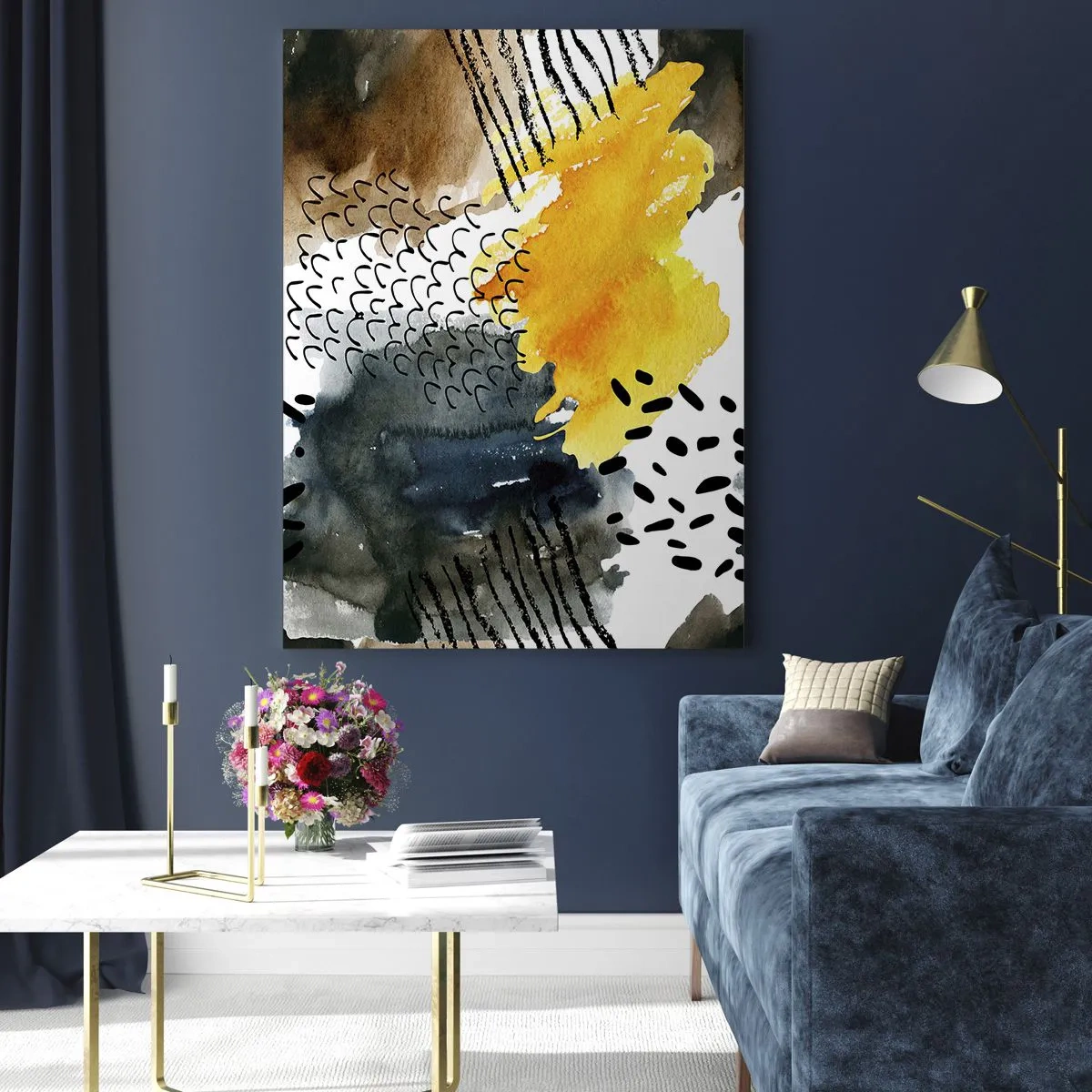 Glasbild - Bild auf glas - Eine abstrakte Komposition mit Punkten und Linien in erdigen Farben. - 50x70cm - Ein Treffen der Elemente der Natur - Moderne Wanddekoration für Wohnzimmer und Schlafzimmer ARTTOR