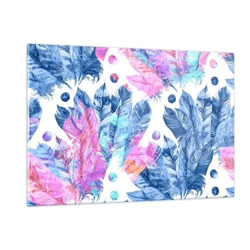 Glasbild - Bild auf glas - Bunte Federn in Rosa- und Blautönen auf weißem Hintergrund - 120x80cm - Pflaumen in Pink und Blau - Moderne Wanddekoration für Wohnzimmer und Schlafzimmer ARTTOR