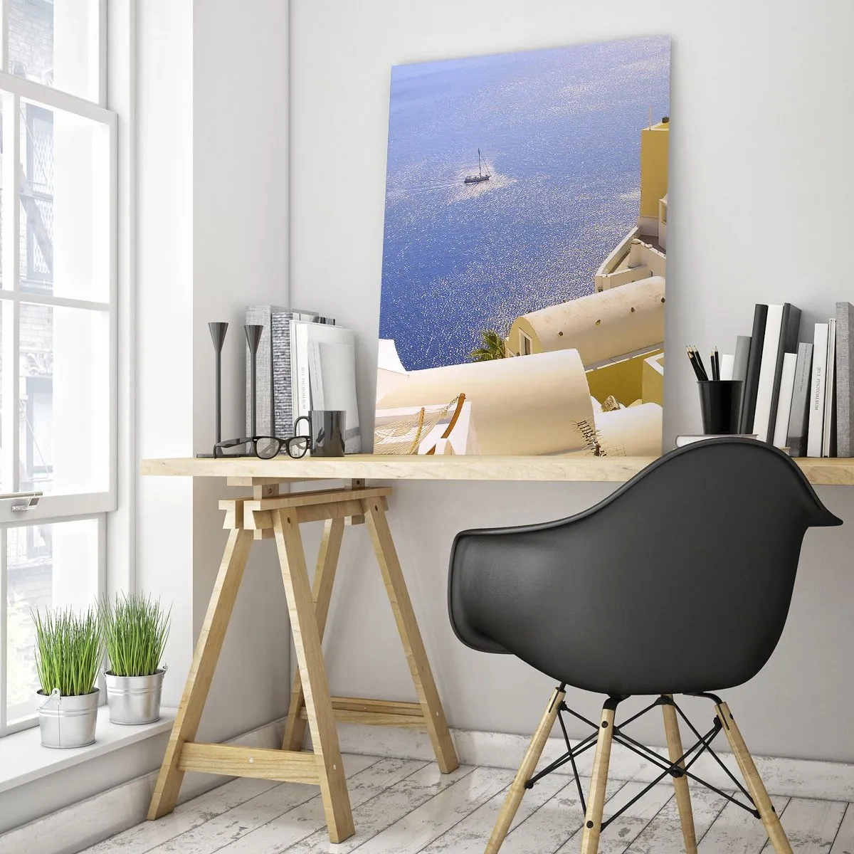 Glasbild - Bild auf glas - Griechische Architektur mit Meerblick und einem Boot im Hintergrund - 80x120cm - Griechische Landschaft in Weiß und Blau - Moderne Wanddekoration für Wohnzimmer und Schlafzimmer ARTTOR