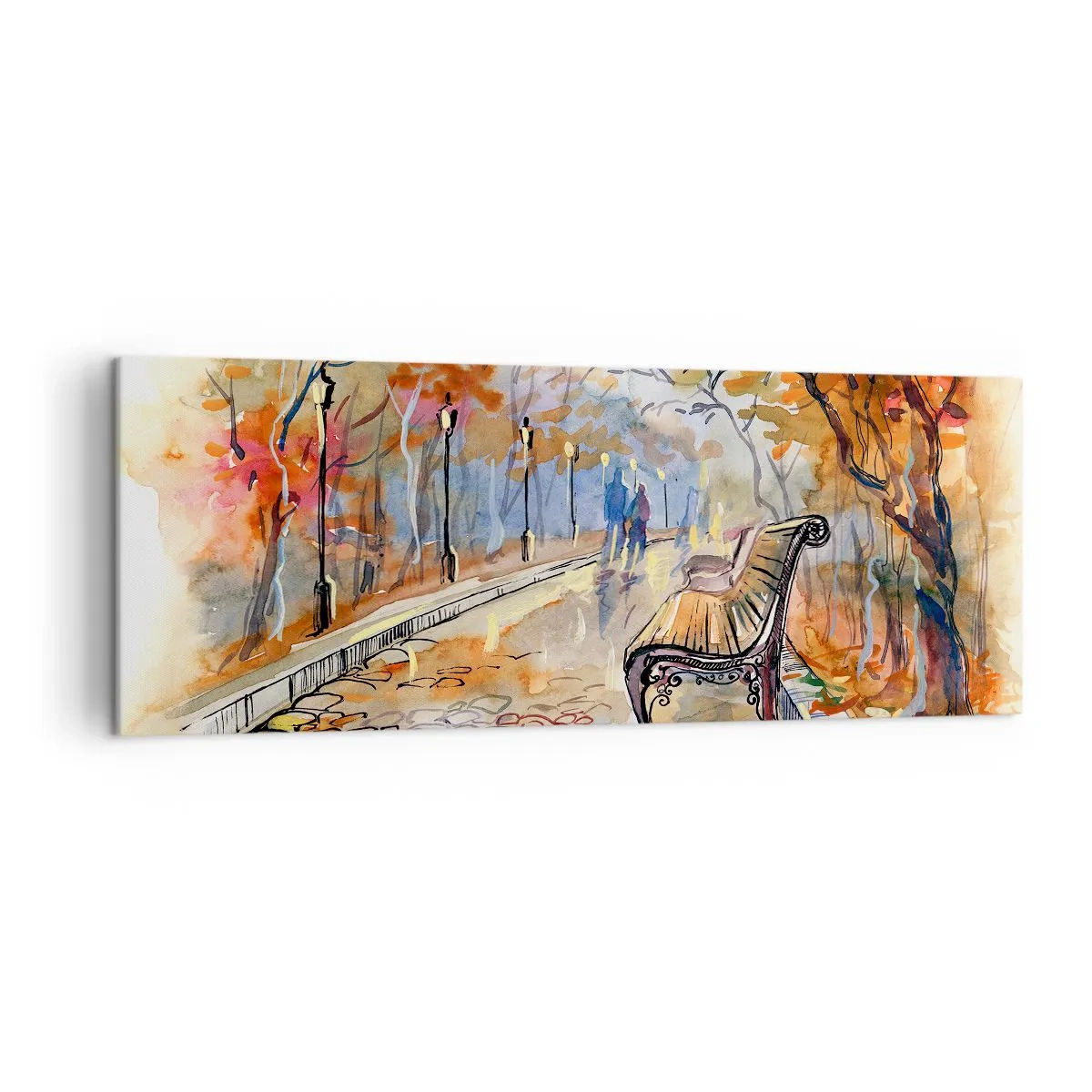 Bild auf Leinwand - Leinwandbild - Ein herbstlicher Park mit einer Bank in Aquarell - 140x50cm - Gemeinsam im Herbst wandern - Moderne Wanddekoration für Wohnzimmer und Schlafzimmer ARTTOR