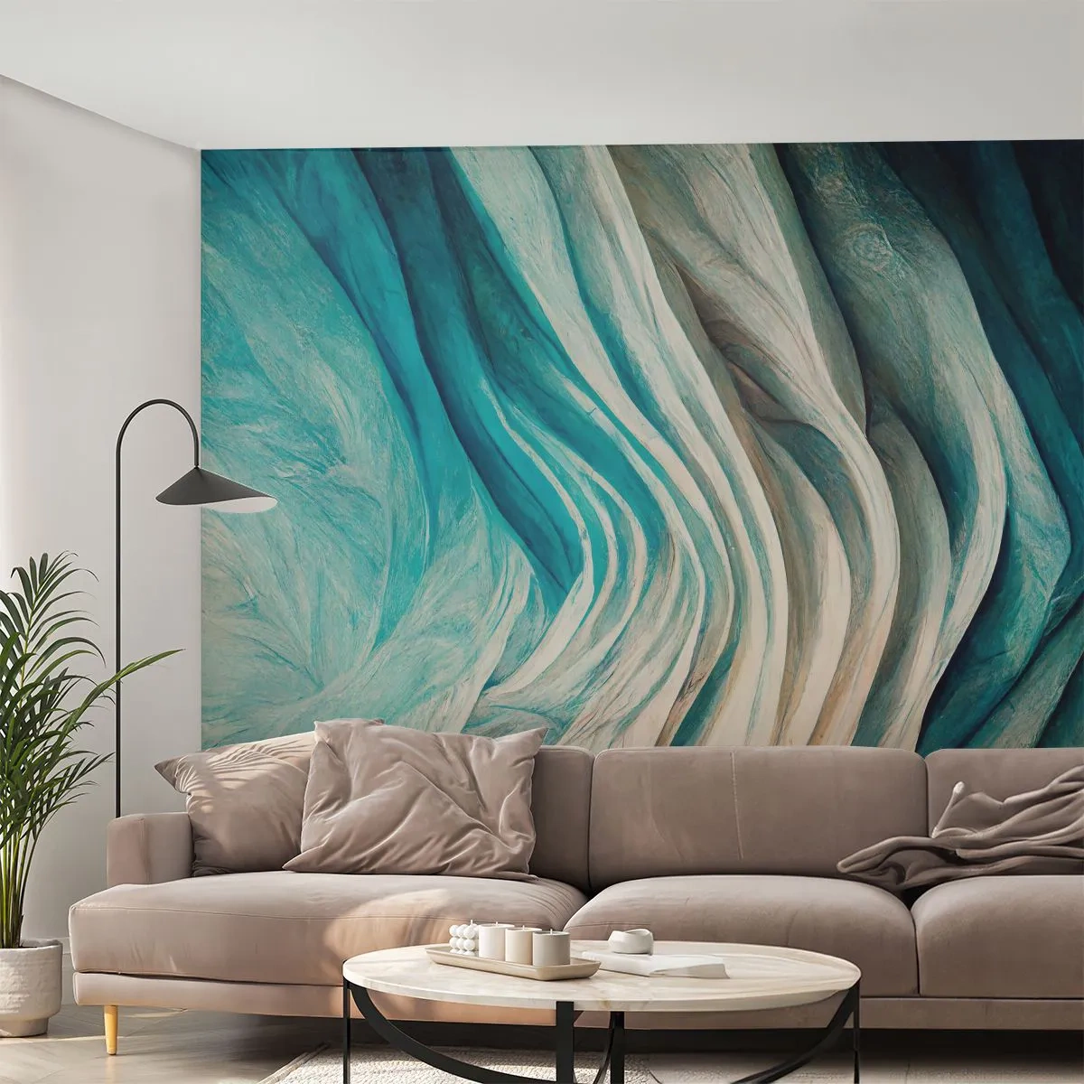Fototapete Premium Sand - Künstlerische Abstraktion mit wellenförmigen Streifen in Blau und Beige - 100x70cm - Blaue Unersättlichkeit - Moderne Wanddekoration für Wohnzimmer und Schlafzimmer ARTTOR