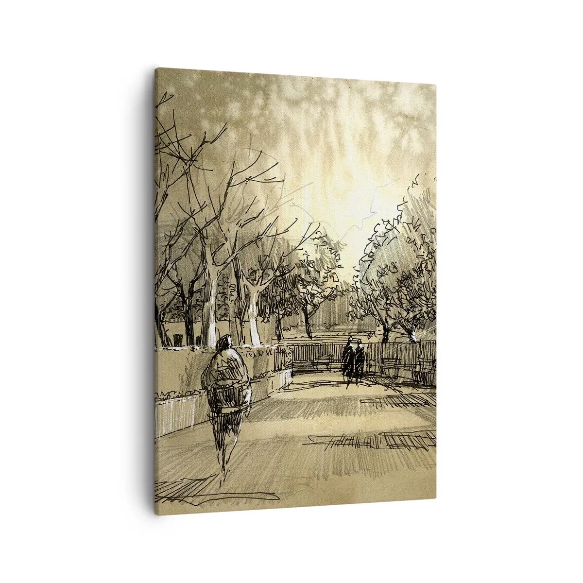 Bild auf Leinwand - Leinwandbild - Eine Cartoon-Szene eines Parks mit spazierenden Menschen in warmen Tönen. - 50x70cm - Ein Moment mit einer Feder angehalten - Moderne Wanddekoration für Wohnzimmer und Schlafzimmer ARTTOR