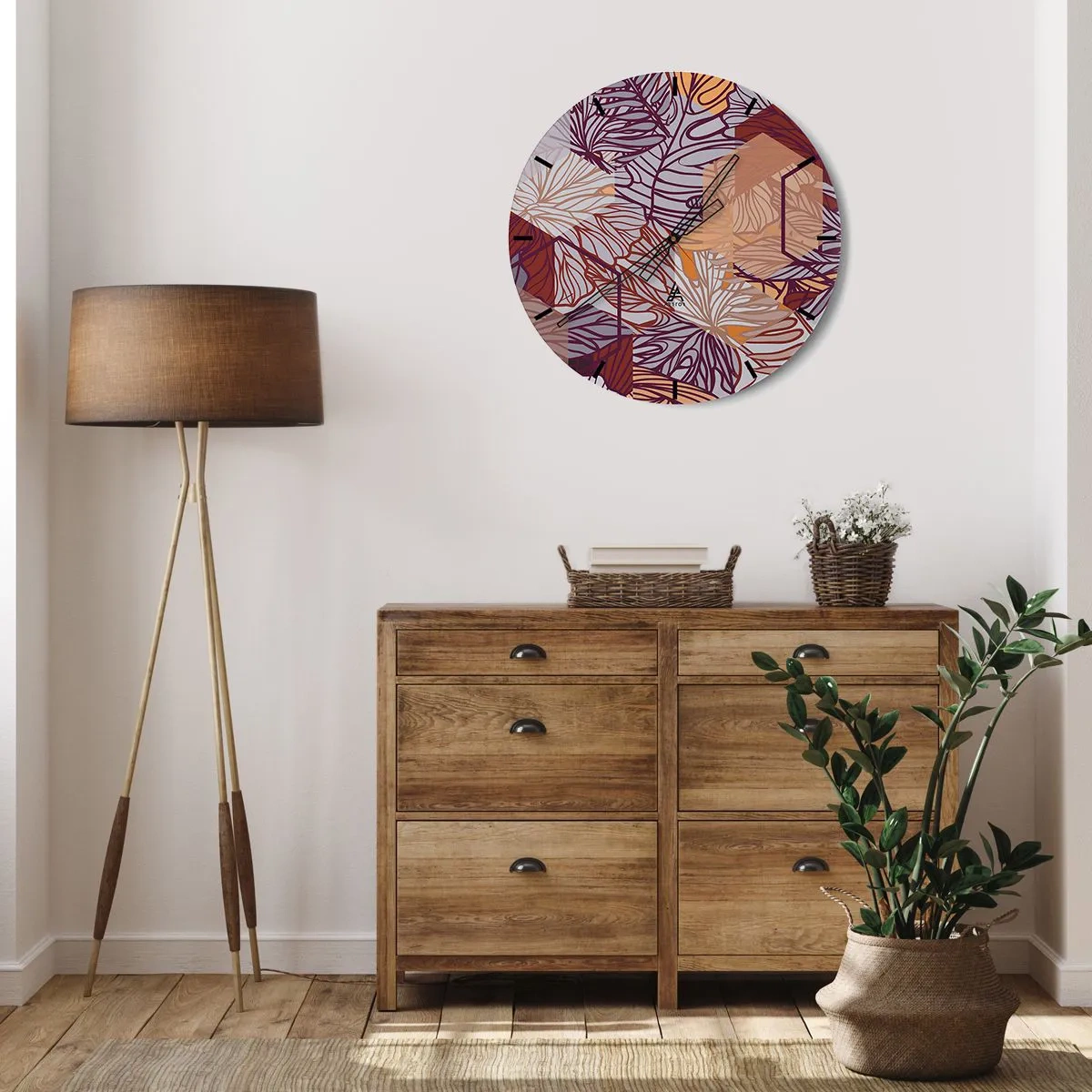 Wanduhr - Glasuhr - Abstrakte Blätter in Lila-, Orange- und Beigetönen - 30x30cm - Unmögliche Beziehung zwischen Geometrie und Natur - Moderne Wanddekoration für Wohnzimmer, Küche und Schlafzimmer ARTTOR