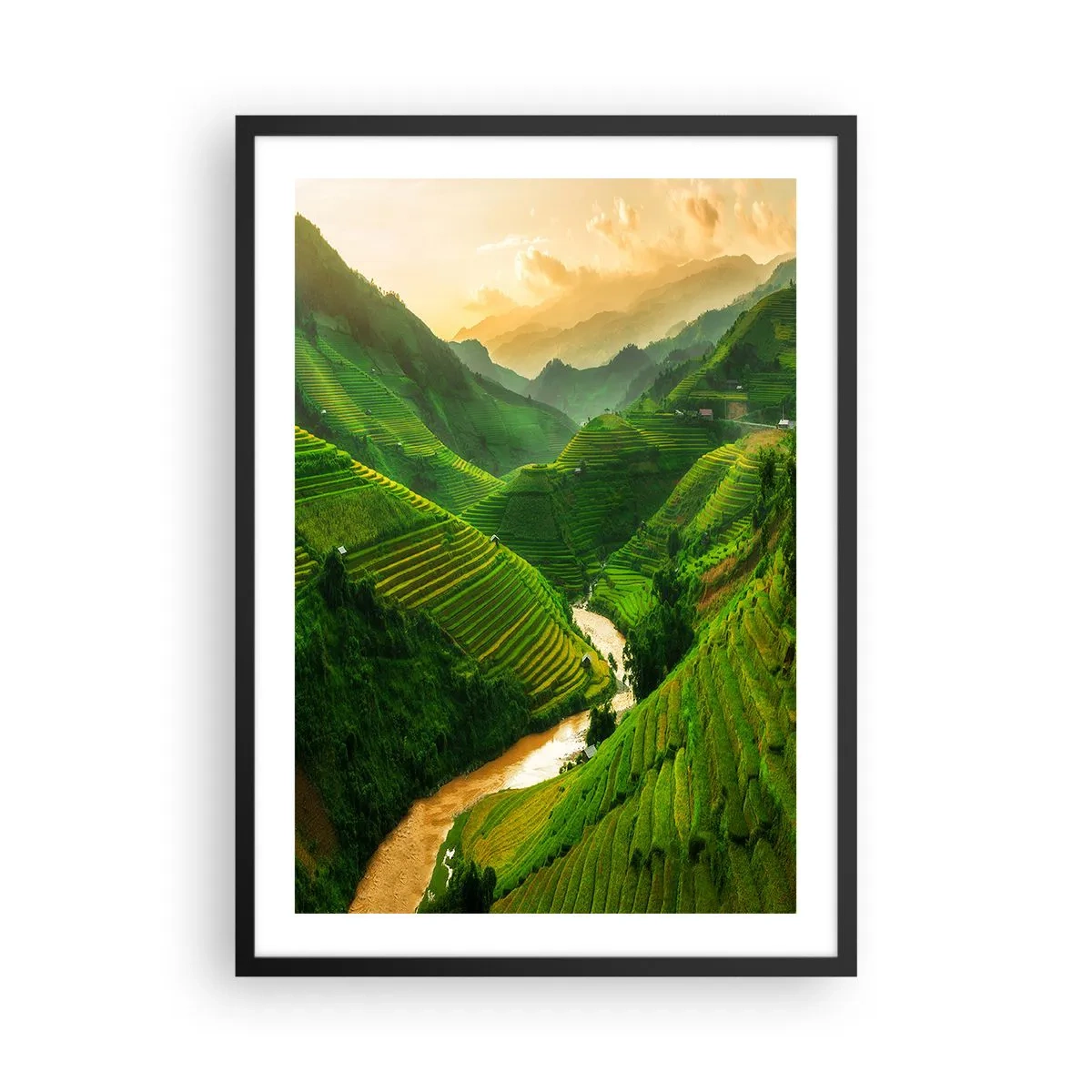 Poster in einem schwarzem Rahmen - Malerische Reisterrassen in einem grünen Tal - 50x70cm - Vietnamesisches Tal - Moderne Wanddekoration für Wohnzimmer und Schlafzimmer ARTTOR