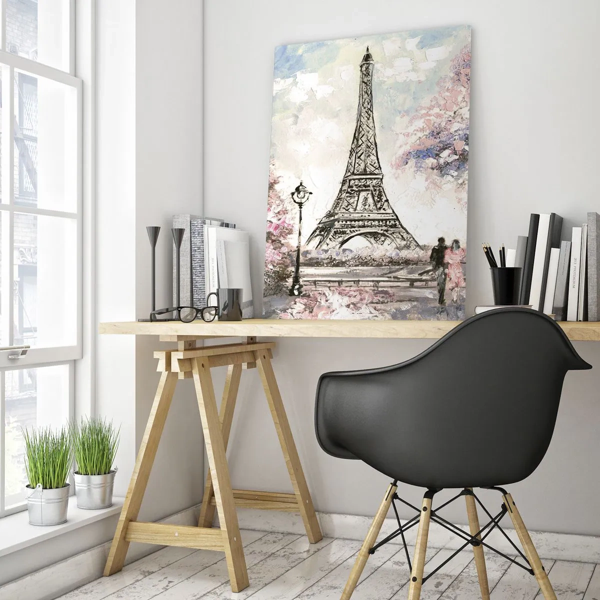 Glasbild - Bild auf glas - Der Eiffelturm, umgeben von blühenden Bäumen - 80x120cm - Aprilspaziergang durch Paris - Moderne Wanddekoration für Wohnzimmer und Schlafzimmer ARTTOR