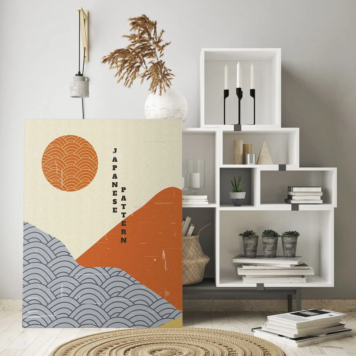 Glasbild - Bild auf glas - Japanische Muster mit Bergen, Sonne und minimalistischem Stil - 70x100cm - Im japanischen Geist - Moderne Wanddekoration für Wohnzimmer und Schlafzimmer ARTTOR