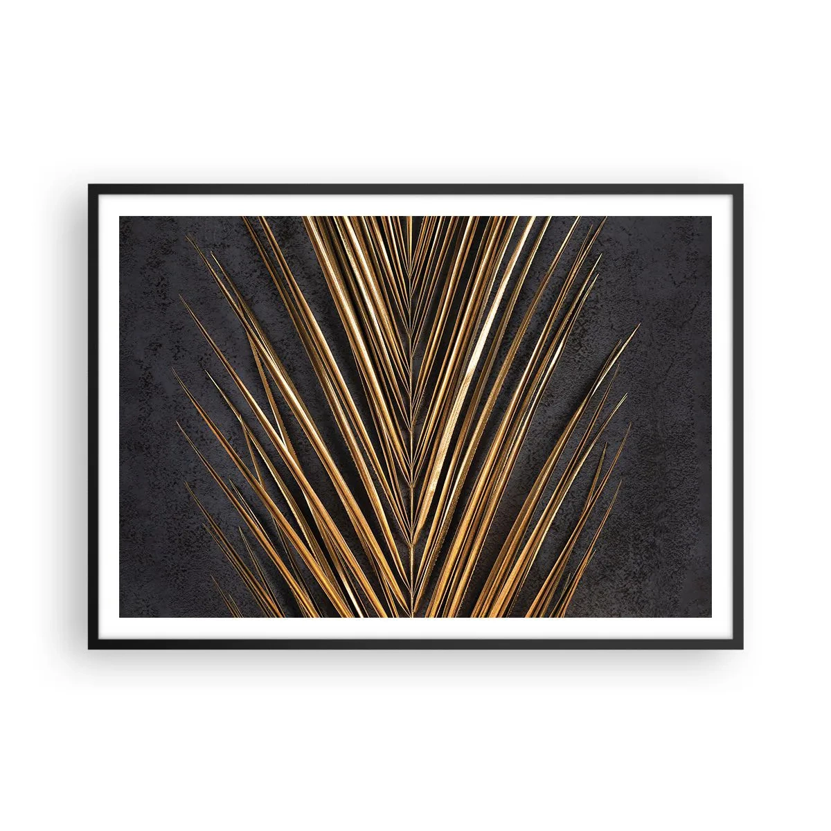 Poster in einem schwarzem Rahmen - Goldenes tropisches Blatt auf schwarzem Hintergrund - 100x70cm - Das Gold der Tropen - Moderne Wanddekoration für Wohnzimmer und Schlafzimmer ARTTOR