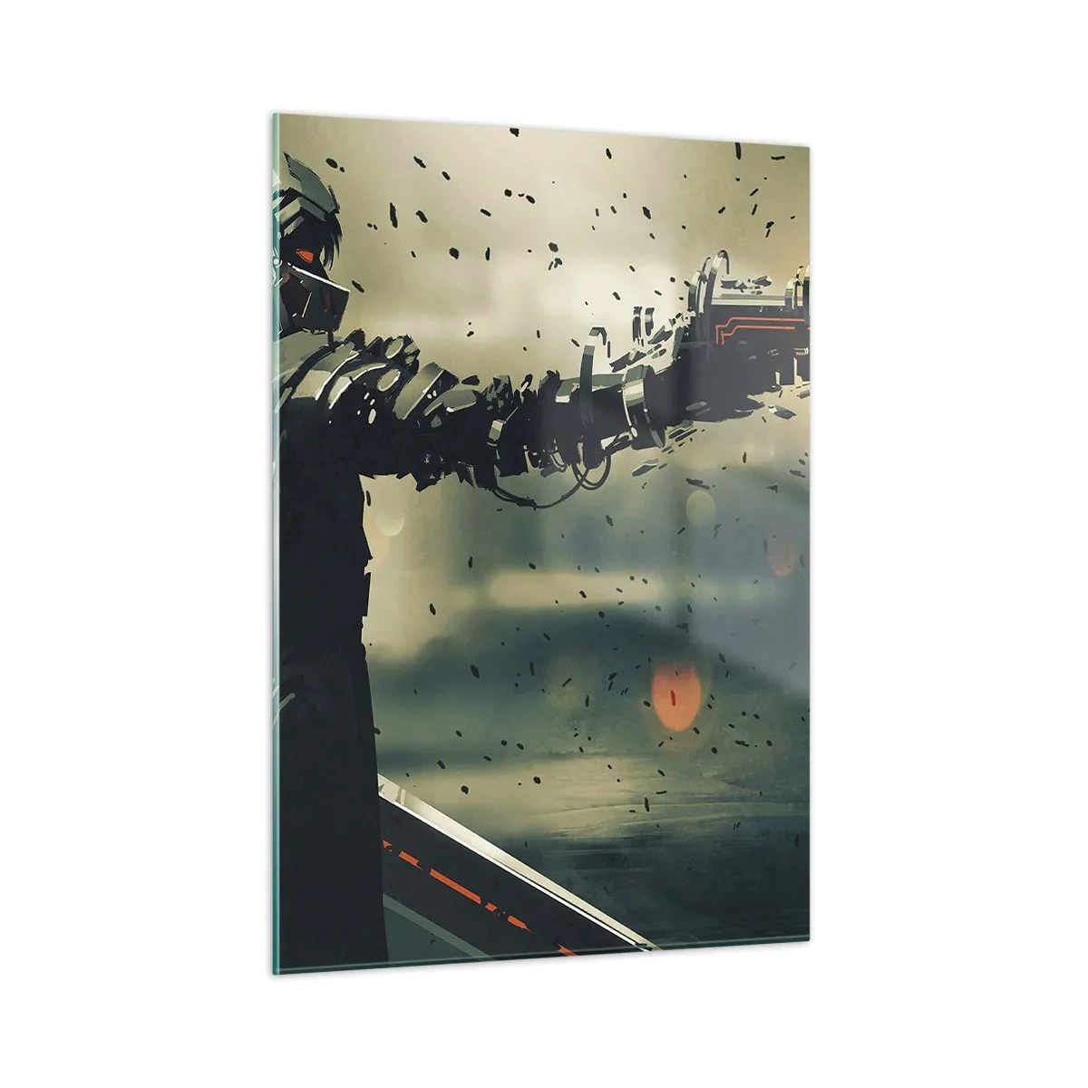 Glasbild - Bild auf glas - Ein Cyberkrieger im futuristischen Stil mit Energiewaffen - 50x70cm - Tödliche Waffe - Dein ganz eigener Terminator - Moderne Wanddekoration für Wohnzimmer und Schlafzimmer ARTTOR