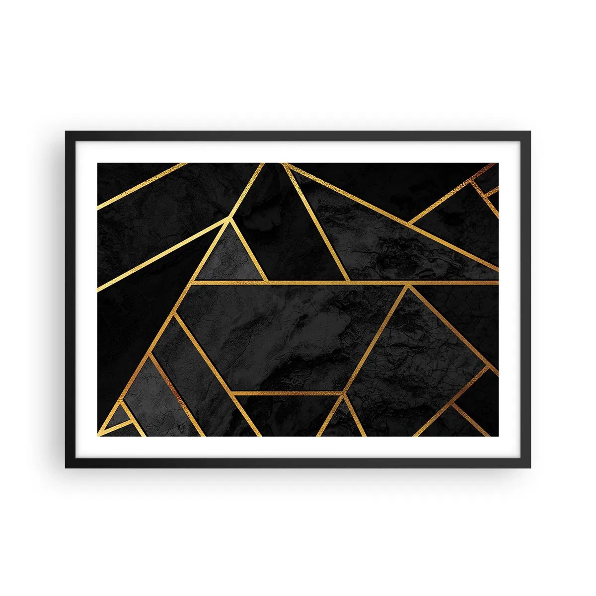 Poster in einem schwarzem Rahmen - Geometrisches Goldmuster auf schwarzem Hintergrund - 70x50cm - Dunkelheit und Glanz - Moderne Wanddekoration für Wohnzimmer und Schlafzimmer ARTTOR