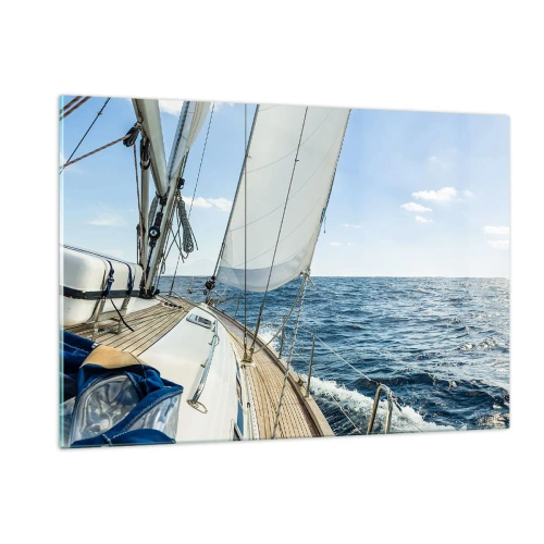 Glasbild - Bild auf glas - Eine Yacht auf offener See mit gehissten Segeln - 120x80cm - Ahoi, Abenteuer - Moderne Wanddekoration für Wohnzimmer und Schlafzimmer ARTTOR